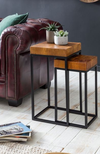 Design Satztisch WL5.660 Sheesham Metall Beistelltisch 2er Set Klein | Couchtisch