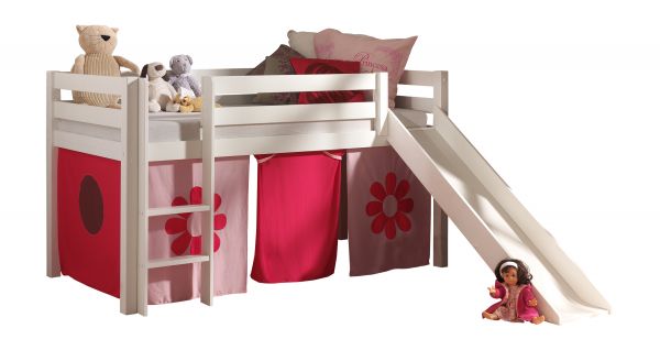 Spielbett Pino mit Rutsche und Textilset "Pink Flower", Kiefer massiv weiß