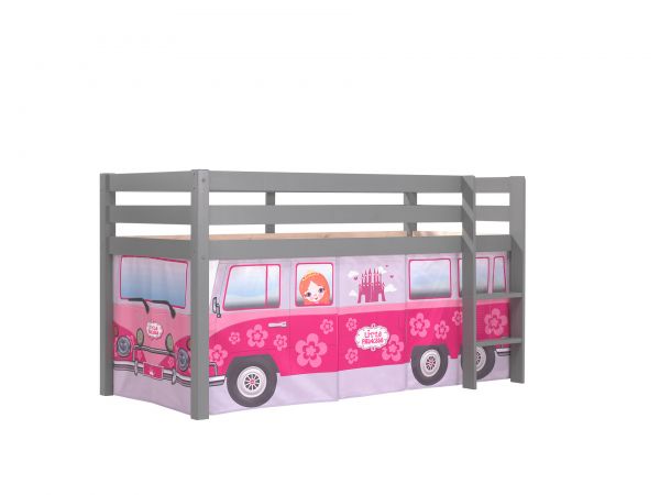 Spielbett Pino mit Textilset "Flower-Bus", Kiefer massiv grau