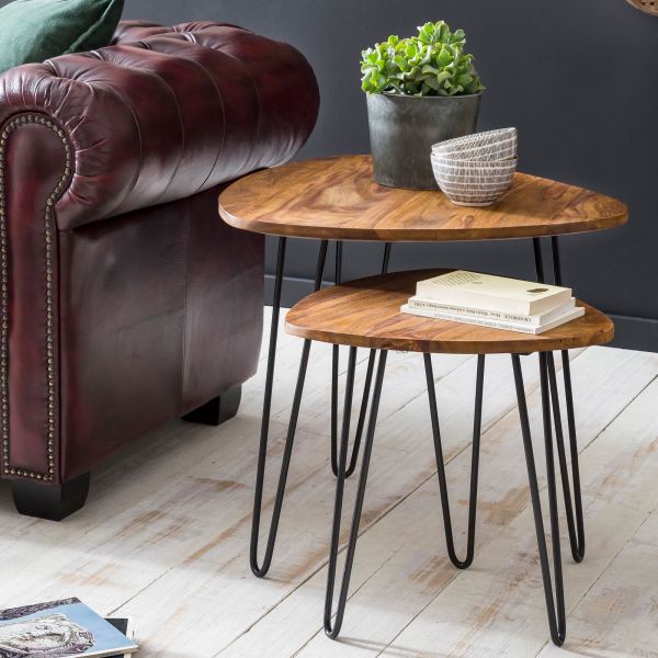 Design Satztisch WL5.659 Sheesham Metall Beistelltisch 2er Set Klein | Couchtisch