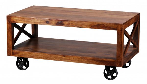 Sheesham Couchtisch, Wohnzimmer-Tisch, Massiv-Holz, Dunkel-Braun, 110 cm breit