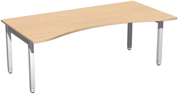 Schreibtisch Ergonomieform höhenverstellbar, 200x100x68-86cm, Buche / Silber