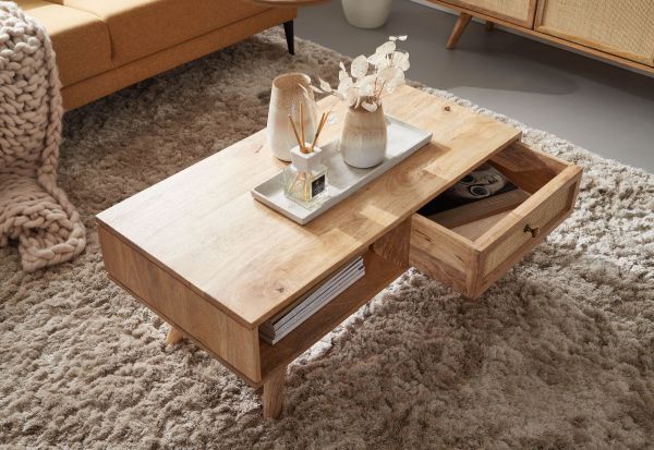 Couchtisch 90x40x45 cm Mango Massivholz Wohnzimmertisch Rechteckig | Holztisch mit Stauraum | Sofati