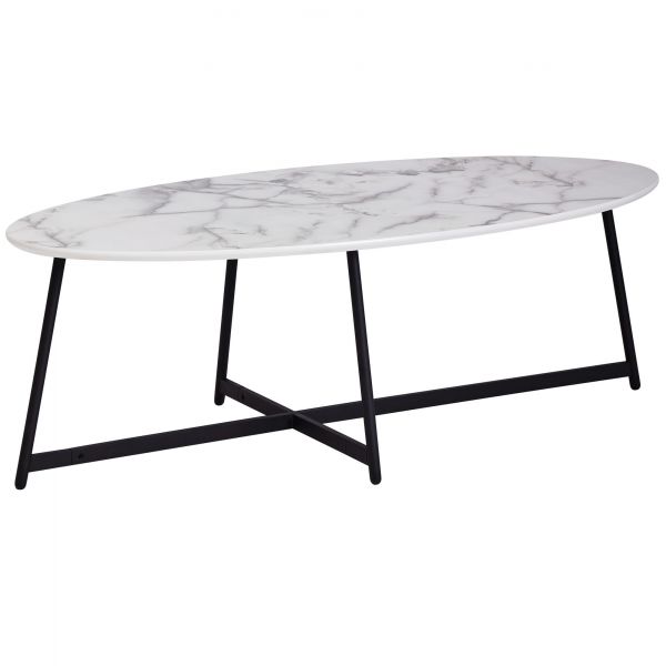 Design Couchtisch Oval 120x60 cm mit Marmor Optik Weiß | Wohnzimmertisch mit Metall-Beine Schwarz |