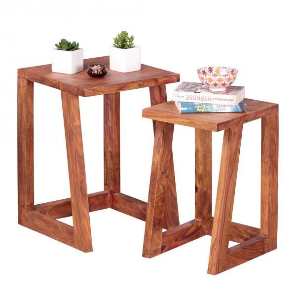 Design Wohnzimmer-Tisch Sheesham, 2er Set, Landhaus - Stil, eckig, Massivholz