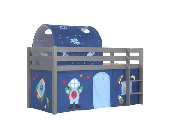 Spielbett Pino mit Textilset Vorhang und Tunnel "Astro", Kiefer massiv grau lackiert