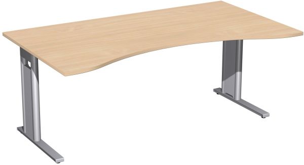 Schreibtisch Ergonomieform, 180x100cm, Buche / Silber