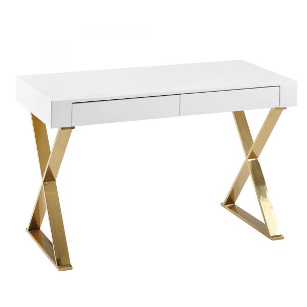 Schreibtisch 118x76x57 cm Holz Hochglanz Weiß Metallbeine Golden | Design Computertisch PC-Tisch Bür