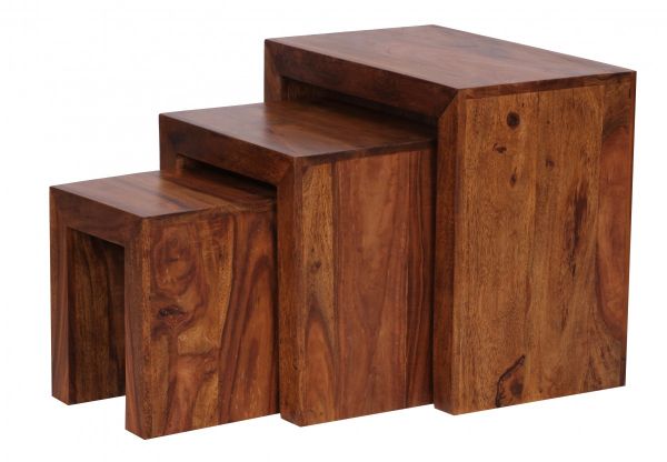 MUMBAI 3er Set Satztisch, Massiv-Holz Sheesham, Landhaus-Stil, dunkelbraun