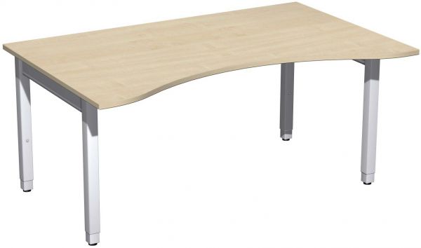 Schreibtisch Ergonomieform höhenverstellbar, 160x100x68-86cm, Ahorn / Silber