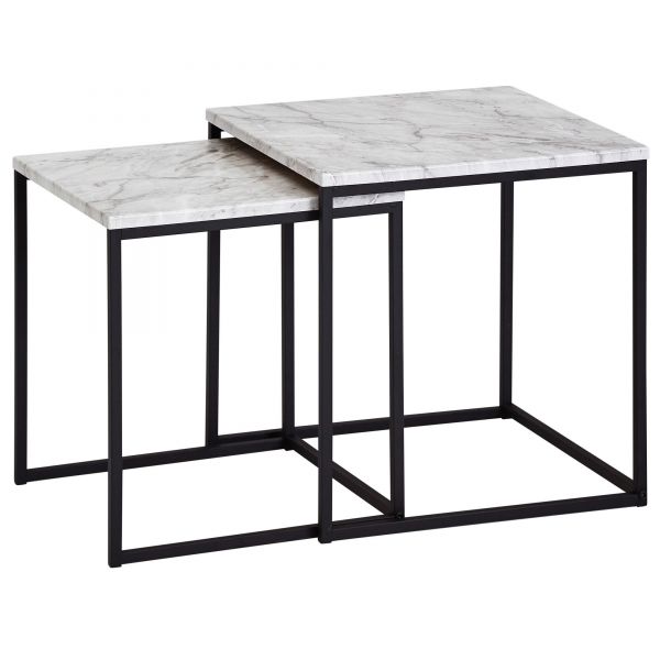 Design Beistelltisch 2er Set Marmor Optik Weiß | Couchtisch 2 teilig Tischgestell Schwarz | Kleine W
