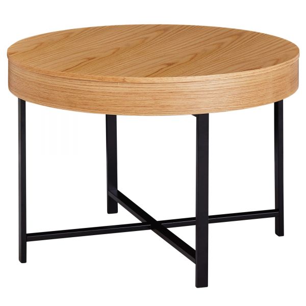 Design Couchtisch Rund Ø 69 cm mit Eichen Optik Tisch mit Stauraum | Lounge-Wohnzimmertisch mit Meta