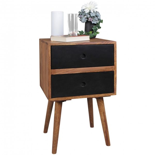 Retro Nachtkonsole REPA / Sheesham-Holz Nachttisch mit 2 Schubladen dunkelbraun / schwarz | Design N
