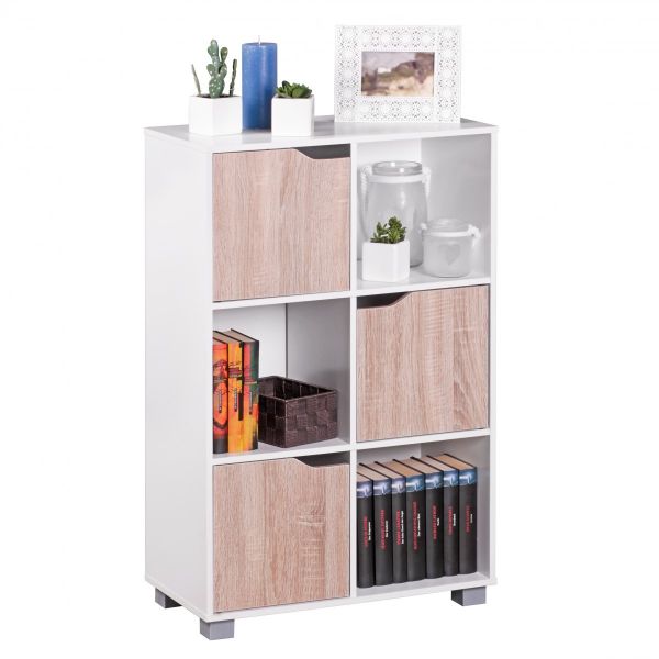 Design Bücherregal, Standregal mit Türen, Eiche / Weiß, 60 x 90cm