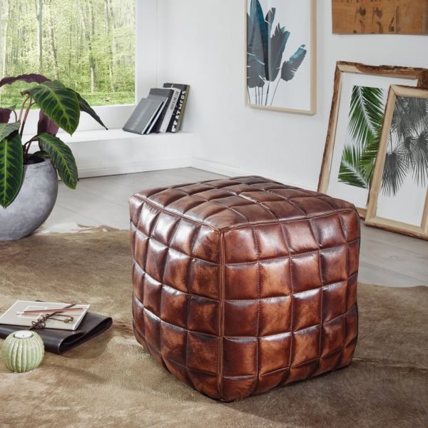 Sitzwürfel eckig STANLEY, Echtleder braun, 47x41x47 cm