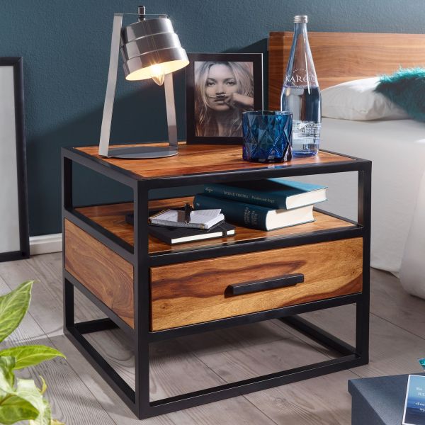 Nachtkonsole 50 x 45 x 45 cm WL5.624 Sheesham Holz Metall Schwarz