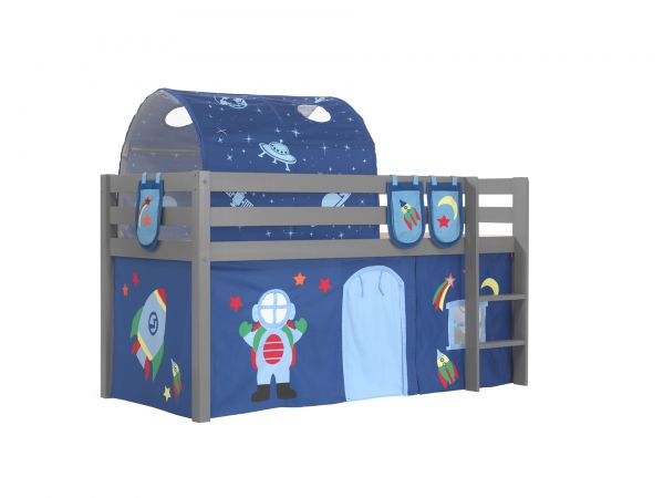 Spielbett Pino mit Textilset Vorhang, Tunnel und 3 Taschen "Astro", Kiefer massiv grau lackiert