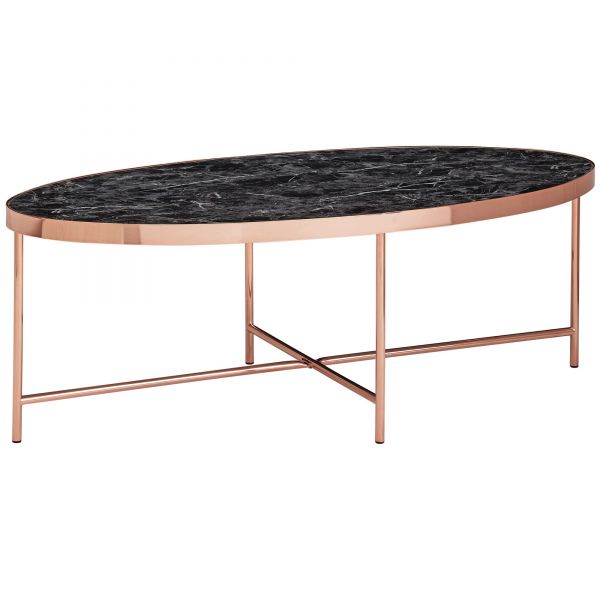 Design Couchtisch Marmor Optik Schwarz - Oval 110 x 56 cm mit Kupfer Metallgestell | Großer Wohnzimm