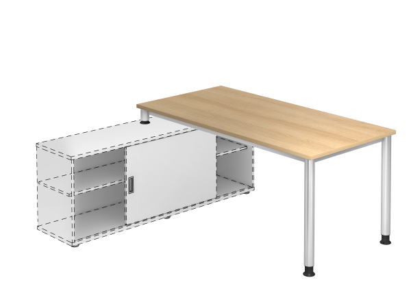 Anbauschreibtisch 4Fuß-rd.160x80cm Eiche / Silber