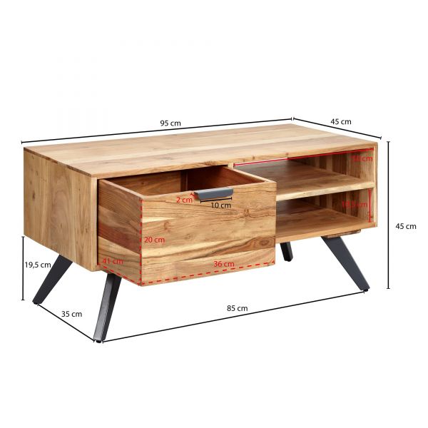 Couchtisch 95x45x45 cm Akazie Wohnzimmertisch Massivholz Rechteckig | Holztisch mit Stauraum | Sofat