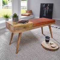 Polster-Sitzbank mit Stauraum SALIM, Ziegenleder / Massivholz, 100x52x38 cm