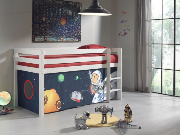 Spielbett Pino mit Textilset "Spaceman", Kiefer massiv weiss