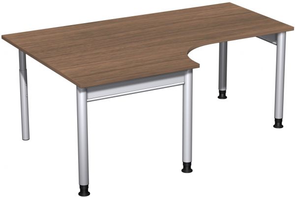 PC-Schreibtisch links, höhenverstellbar, 180x120cm, Nussbaum / Silber