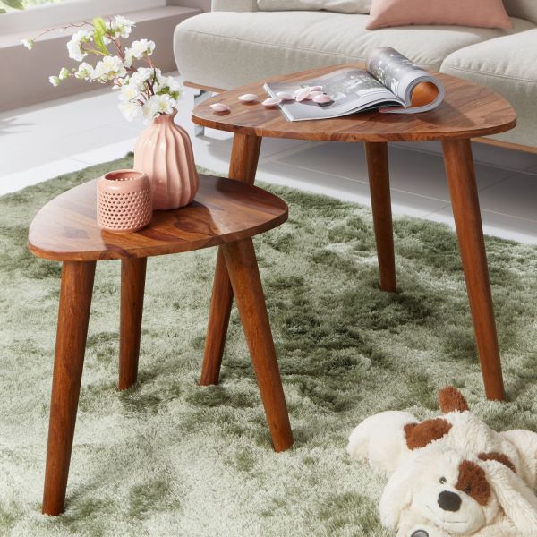 Design Satztisch WL5.574 Sheesham Massivholz Beistelltisch 2er Set Klein