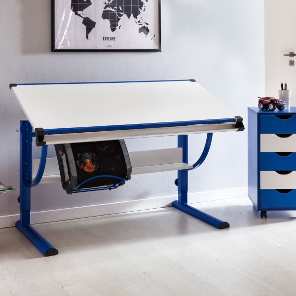 Design Kinderschreibtisch MORITZ ,Holz, 120x60cm, blau / weiß