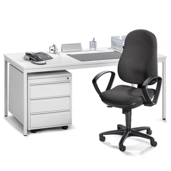 SET Einzelarbeitsplatz BASE L , Schreibtisch & Rollcontainer, Lichtgrau