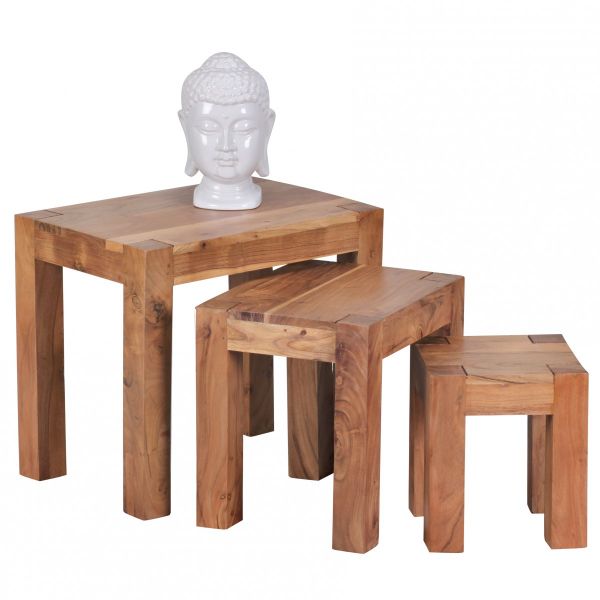 Satztisch, Beistelltisch 3er Set, Massiv-Holz, Akazie, Dunkel-Braun