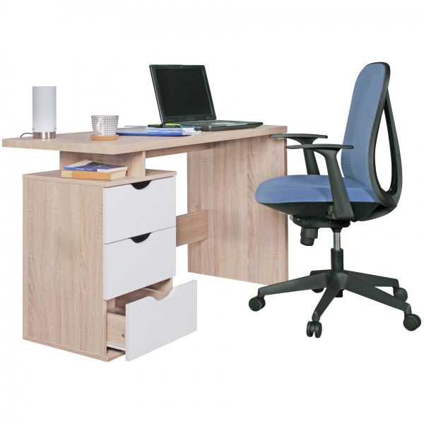 Design Schreibtisch Computertisch mit Schublade, Eiche / Weiß, 120 cm