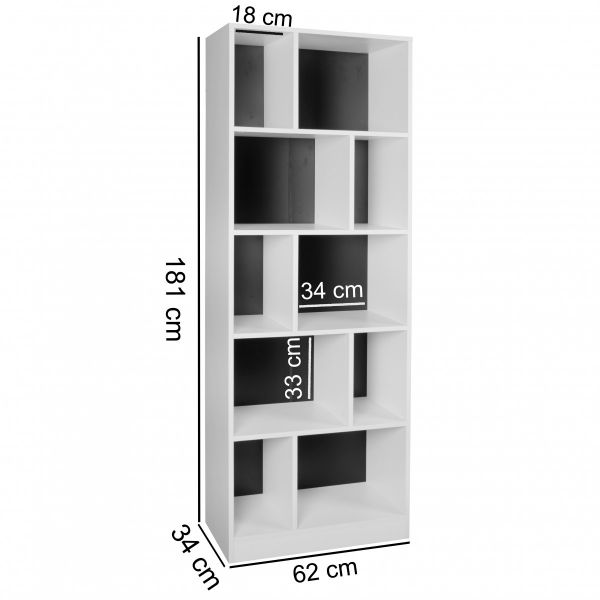 Bücherregal ALEX, MDF - Holz weiß / schwarz, 181x62x34 cm