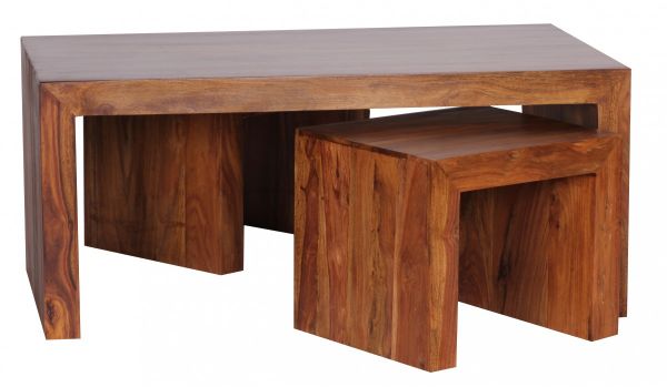 Sheesham Wohnzimmer-Tisch, Couchtisch mit Hocker, 110cm breit, Massiv-Holz, Dunkel-Braun
