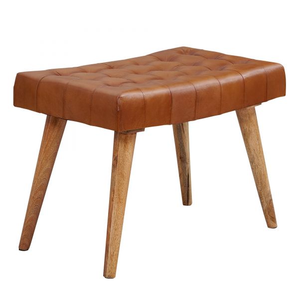 Sitzhocker 67x47x39 cm Mango Massivholz / Echtleder Chesterfield-Design | Lederhocker Braun | Beiste