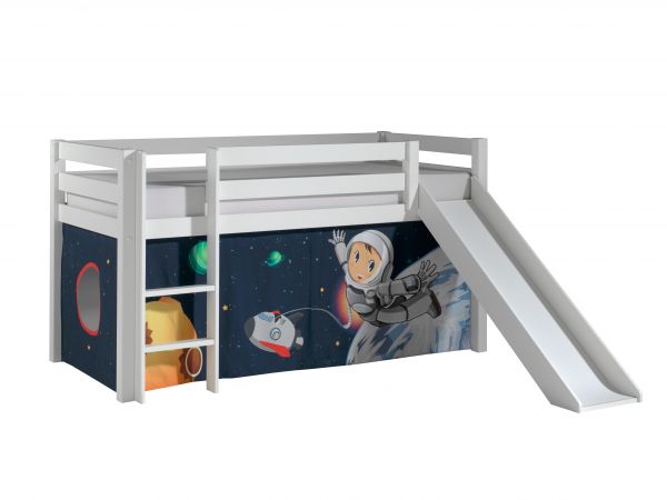 Spielbett Pino mit Rutsche und Textilset "Spaceman", Kiefer massiv weiß