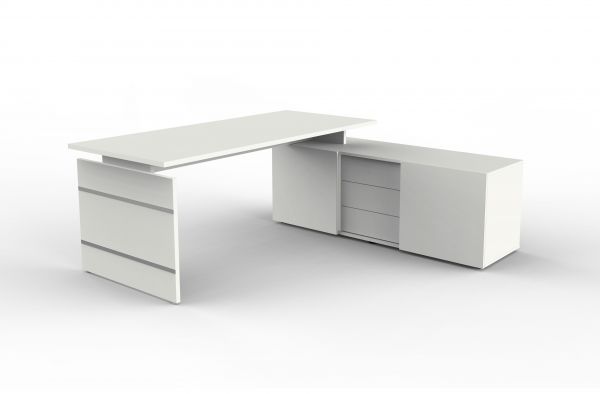 Form 4 Komplettarbeitsplatz, Eckkombination aus Schreibtisch und Sideboard, Weiß