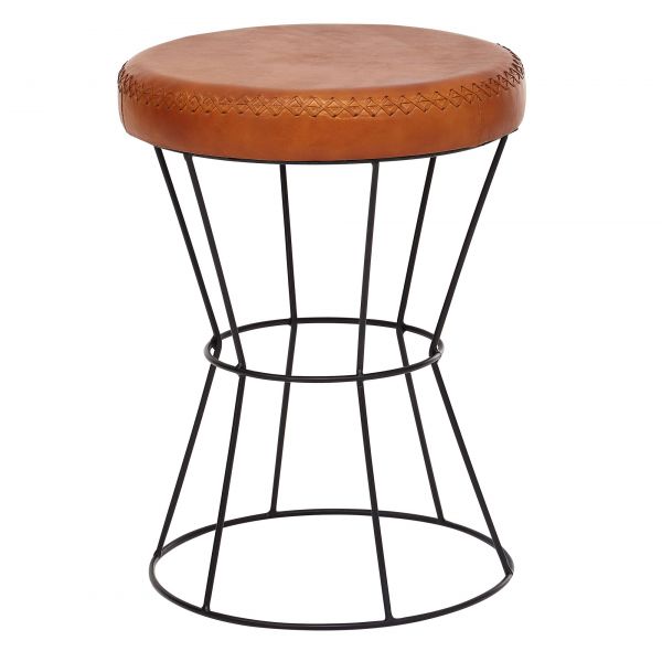 Sitzhocker Echtleder / Metall 35 x 48 x 35 cm Design Hocker Rund | Dekohocker mit Leder-Bezug | Mode