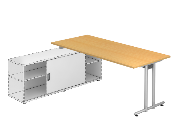 Anbauschreibtisch T-Fuß 180x80cm Buche / Silber