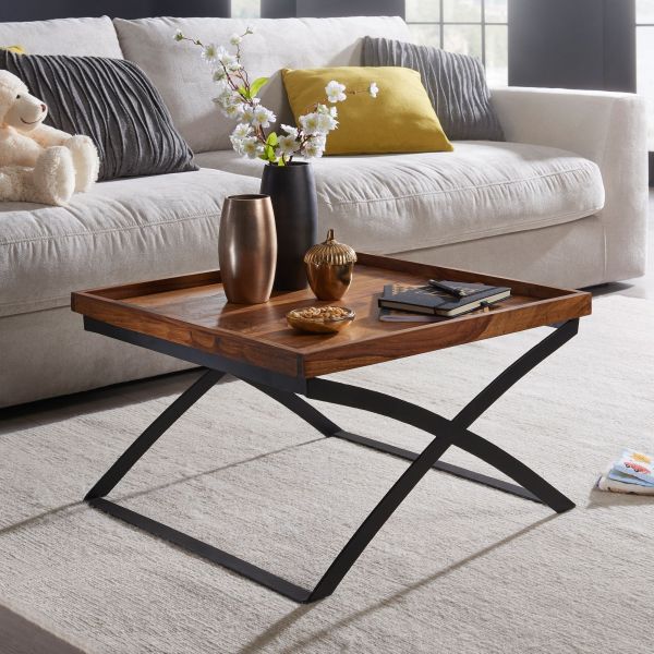 Couchtisch KUNDAI 63x39x63 cm Sheesham Massivholz / Metall Sofatisch